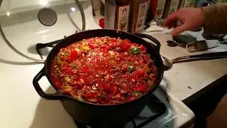 Beef Ribeye Chili in the Lodge 5 Quart Cast Iron Dutch Oven