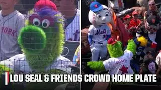 Phillie Phanatic, Mr. Met & other mascots crowd home plate at the top of Mets-Giants 😂 | MLB on ESPN