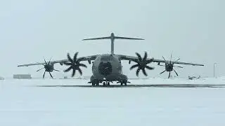 Royal Air Force (RAF) Airbus A400M Engine Start-up, Prop Angleing, and Taxi at Snowy MSP Airport