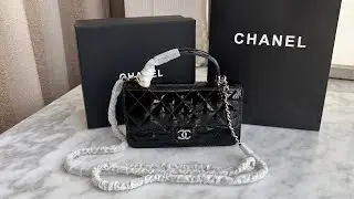 CHANEL FLAP PHONE HOLDER WITH CHAIN Patent Calfskin & Gold Tone Metal Review #bag #review #unboxing