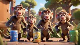 Five Little Baboons Drum on Cans | Energetic Animal Song Kids | Nursery Rhymes and Learning Songs