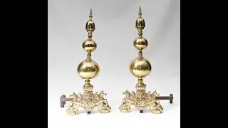 Pair Regency Andirons Brass Firedogs Lions Head