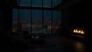 High-Rise City Rain Sounds 🌧️ Cozy Fireplace & Night Skyline for Sleep and Relaxation