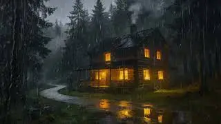 Heavy Rain Outside 🌧️ Forest Cabin Fireplace for Deep Sleep