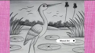 How to Draw Heron Scenery Step by Step for Beginners || Egret Drawing || Easy Bok Drawing..