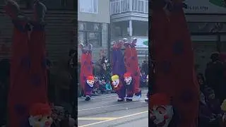 Walking Upside down Clowns CIBC float at Toronto&rsquo;s Santa Claus Parade 2024