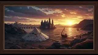 Dark Wood Gold Frame: Fantasy Seascape at Sunset | 4K Frame TV Art | Castle & Mystery