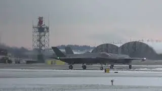 USAF F35 & F15 Fighter Jets get ready at Snow Covered RAF Lakenheath UK 6jan25 212pm 4k
