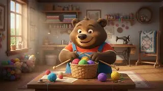 Baby Bear Sewing a Woolen Basket from an Old Sweater - Farm Building - Baby Bear Farm | Happy Farm