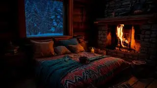 🌙 Old Timber Cabin Night | Window-Side Bed, Crackling Fire & Snowstorm for Stress Relief