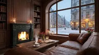 Cozy Winter Library Caf&eacute; ❄️ Fireplace & Snowfall Ambience | Relaxing Jazz for Study, Work & Sleep