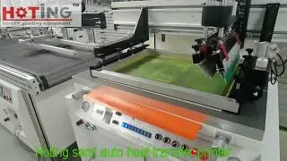 Semi auto heat transfer, PET film screen printing machine with robot hand auto take off device
