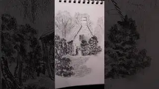 Chiaroscuro, pencil drawing of a cottage in woods
