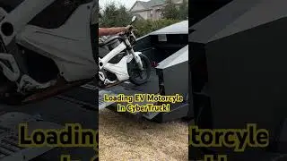 Loading our Zero electric motorcycle into our CyberTruck! It charged it at 1.6KW with the bed power!