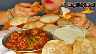 Eating Luchi ( Puri ) Soya Aloo Chana Daal Tadka With Sweet Dahi 🤤 Salad 🥗