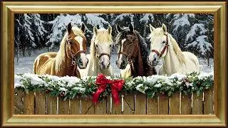 Winter Horses Christmas in the Country, Oil Painting in 4K | Gold Framed TV Art Screensaver