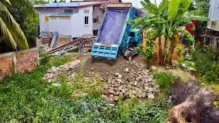 Start Opening New Project!! Mitsubishi Bulldozer DA2P pushing Soil into flooded​ Pond& Trucks 5Ton.