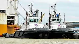 Emden Port at 8 BFT guest tugs URAG ELBE and URAG EMS ready to help Schlepper Sturm Notreserve