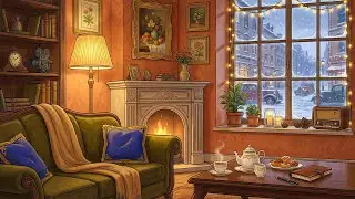 1950's cozy morning in Paris with oldies playing in another room for relaxation and it's snowing