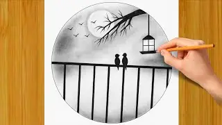 Easy Pencil Nature Drawing | Round Circle Scenery | Birds Couple Very Easy Sunset Sketch