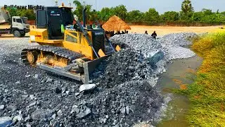 Land filling,​ Bulldozer SHANTUI DH17C3 Pro Work Push Stone Into Water, Dump truck unloading
