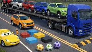 Flatbed Truck Mcqueen | Transportation with Truck - Pothole vs Truck vs Car vs Train #29 BeamNG