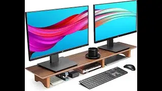 Amazon com  Aothia Large Dual Monitor Stand Riser, Solid Wood Desk Shelf with Eco Cork Legs for Lapt