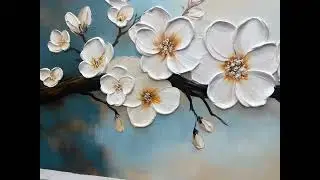 Large Original Beige Blossom Oil Painting, Textured Floral Canvas, Elegant White Flower Wall Art