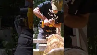 Drilling angled holes through a log slab with a short tip Forestener bit to get the angle you want.