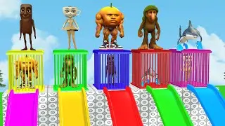 Длинная горка с коровой, слоном, гориллой, бегемотом, тигром, 3D-игра с животными, забавные 3D-жи...
