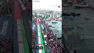 Massive crowds on Galata Bridge waving Palestinian and Turkish flags