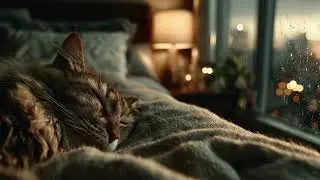 Calming Music & Rain Sounds for Relaxation | Cozy Bedroom Ambience, Sleeping Cat at Night 🐱🌧️