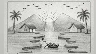 Pencil drawing/ easy scenery drawing with pencil/ village scenery drawing/ landscape scenery drawing