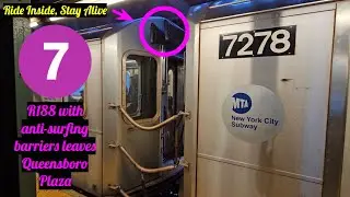 Hudson Yards bound (7) train with anti-surfing barriers leaves Queensboro Plaza