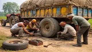 How Workers Fix a Tractor Trailer Puncture | Full Repair Process