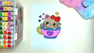 Gatita Taza | Coloreamos una Gatita Kawaii Paso a Paso 🐱☕ #colorear #viral #viralvideo