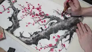 紅梅の水墨画・梅の描き方・水墨画・suibokuga