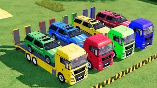 TRANSPORTING GREEN POLICE SUV ON YELLOW TRUCK! BLUE, YELLOW & RED POLICE CARS VS TRUCKS! 🏁 - FS 22