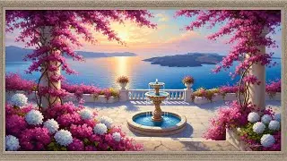 Frame TV Art: Aegean Bliss: Pink Bougainvillea and White Hydrangeas by the Sea