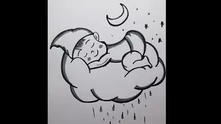 A dreaming Baby Boy sleeping on clouds pencil drawing