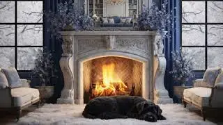 Cozy Winter Livng Room Fireplace Ambience ❄️ Ice-Covered Trees, Crackling Fire & Sleeping Dog 