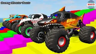 Monster Truck Transport on Triple Flatbed Trailer &ndash; BeamNG Monster Beasts #086