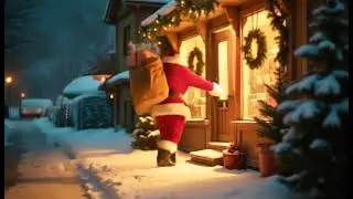 Santa walking toward a warm glowing shop door happy Christmas 2025
