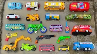 So Many Toy Vehicles in Mud Water,  Excavator, Tanker, Police Car, Tour Bus, Motorbike & Others