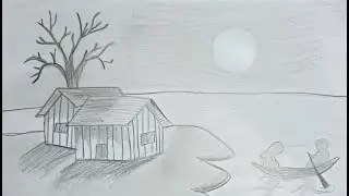 Menggambar Sampan di Tepi Danau | Pemandangan Dua Pondok yang Tenang
