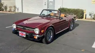 TRIUMPH TR6 1974 ГОДА. КАРМИНОВО-КРАСНЫЙ, С ЖАРЕНЫМ САЛОНОМ И МЯГКИМ ВЕРХОМ. ЧЕТЫРЕХСТУПЕНЧАТАЯ КОРОБКА ПЕРЕДАЧ, КАРБЮРАТОРЫ WEBER.