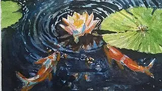 How To Paint Realistic Lotus Pond | Koi Fish & Lotus Painting | Water Reflections in a Lotus Pond