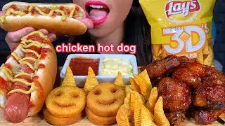 ASMR EATING CHICKEN HOT DOG, POTATO SMILEY FRIES, HOT WINGS, LAY'S 3D CORN SNACKS 먹방 Sounds