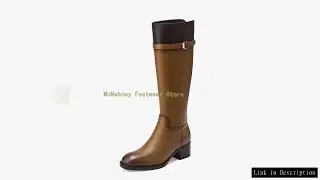 Square Heel Belt Buckle Retro Knee-High Boots Round Head Cortex Splicing Women's Boots Brown Long  S
