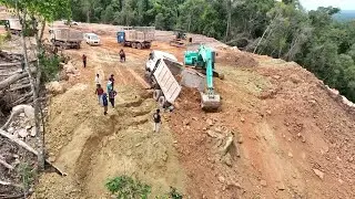 WTF!! Incredible Moment Excavator Saves Dump Truck From Stuck On Hilly Mountain Road Construction